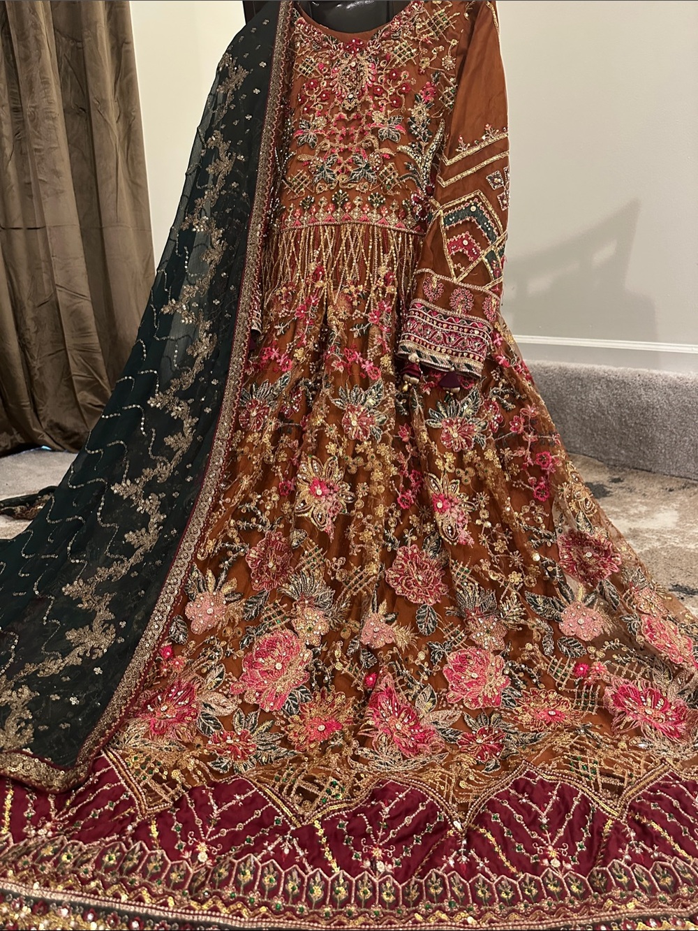 Embroidered chocolate brown with green Duppatta bridal maxi bust 38 long 55